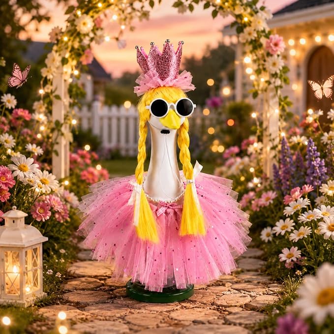 Porch Goose Fairy Outfit 4 Pieces Summer Porch Goose Outfit with Braided Yellow Wig Pink Tutu Skirt Fairy-Tale Princess Style Decor for Lawn Goose Statues