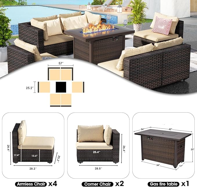 Grezone 7 Piece Patio Furniture Set with Fire Pit Table, Patio Sectional Furniture Sofa Set, Patio Conversation Sets with Cushions and Glass Coffee Table for Garden Lawn Balcony Porch Deck,Beige