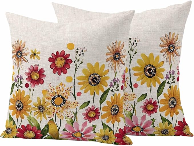 Yellow Red Spring Floral Outdoor Waterproof Throw Pillow Covers 26x26 Set of 2, Pastoral Summer Flower Rustic Decorative Pillowcases Cushion Pillowcase for Couch Sofa Patio Outside Pillow Protector