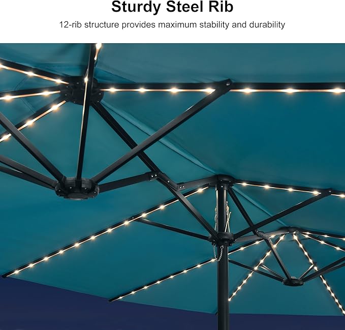 PURPLE LEAF 13ft Patio Market Umbrella with Solar LED and Base Double-Sided Rectangle Outdoor Table Sun Umbrellas with Crank for Pool Beach Deck Backyard Turquoise Blue