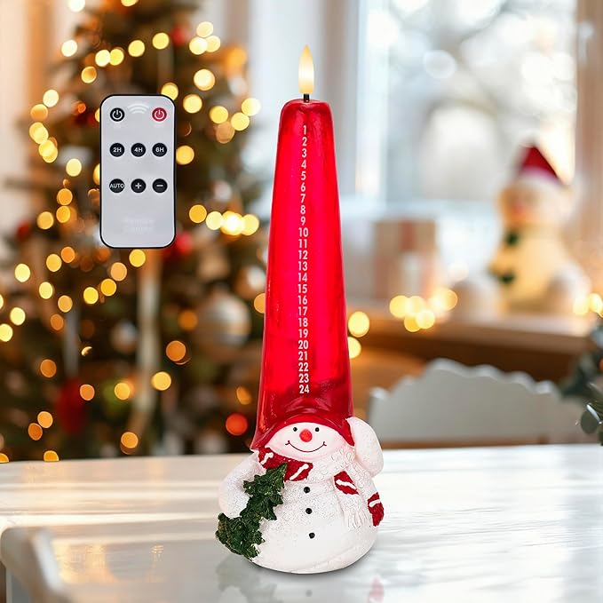 Christmas Flameless Candles with Remote, Real Wax Christmas Countdown Candle, Snowman Countdown to Christmas Battery Operated Candles, Xmas Flameless Advent Candles for Table Decor