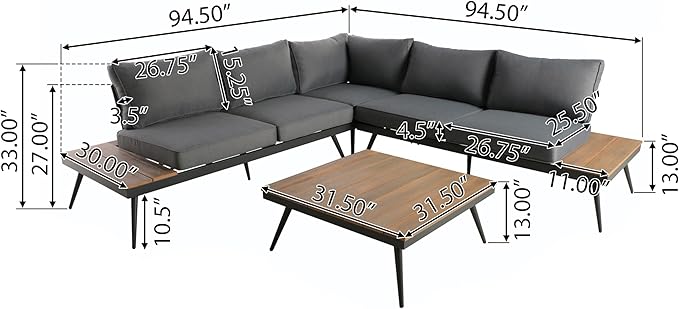 Christopher Knight Home Lofye Outdoor Aluminum Sectional Sofa Set with Coffee Table, Modular Patio Conversation Set, 5-Seater Seating Group Chat Set for Porch Backyard Balcony, 94.5‘’, Natural + Gray