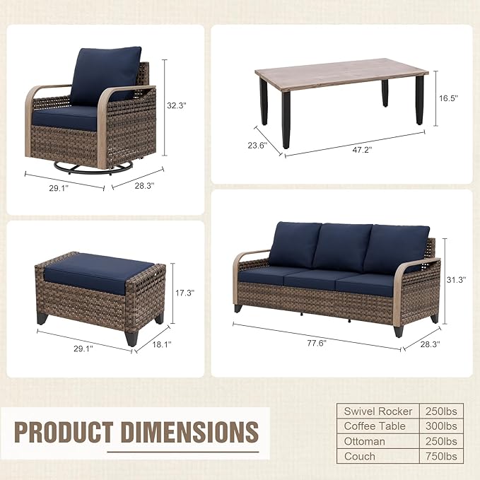 Modern Wicker Patio Furniture Set, Rattan Outdoor Conversation Set with Comfortable Cushions, 2 Swivel Rocking Chairs, 3 Seat Couch, 2 Ottomans and Coffee Table, 6 Pieces, Brown/Blue