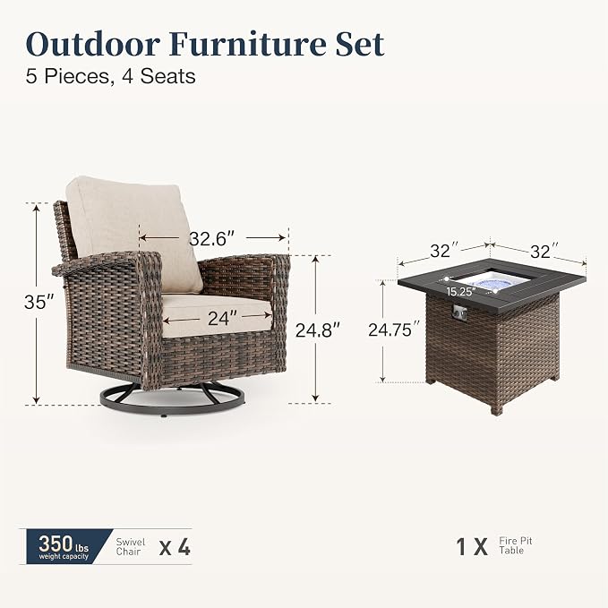 Patio Furniture Set with Swivel Chairs, High Back Wicker Rattan Furniture with 5.5" Thick Cushions & Fire Pit Table, All Weather Outdoor Conversation Set for Backyard Deck,4 Seats, Beige