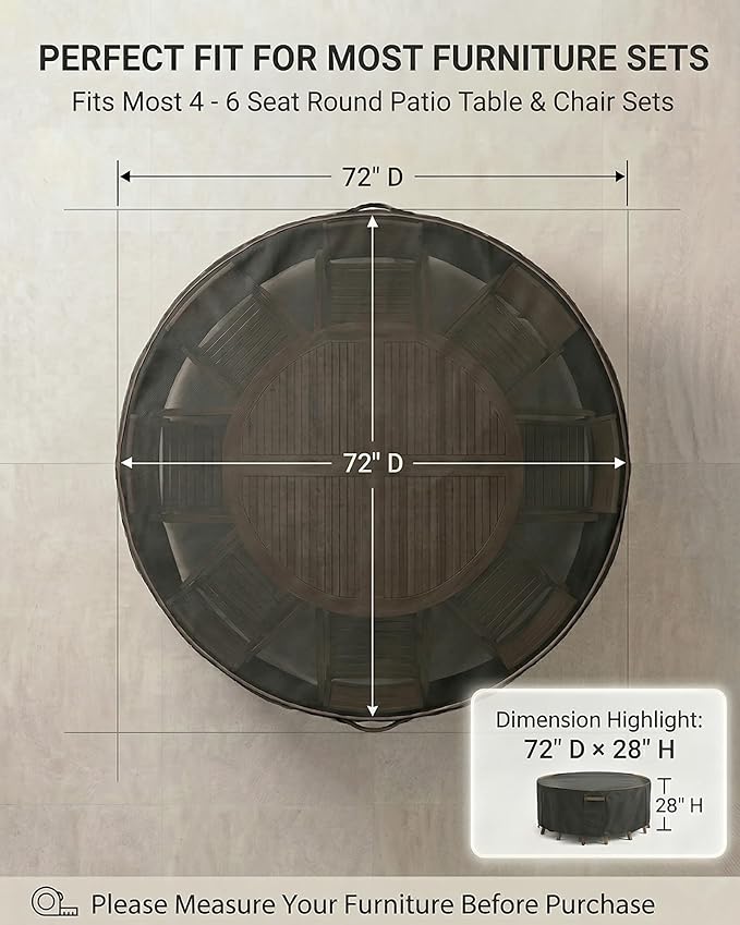 Round Outdoor Patio Furniture Cover, Heavy Duty 600D Waterproof Cover for Table & Chair Set or Sofa Set Covers, Windproof,UV Resistant, All-Season for Backyard,Deck,Garden,72" L x 72" W x 28" H,Black