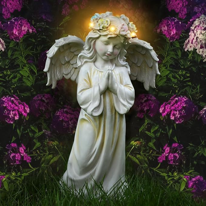 Angel Garden Statue, Memory Guardian Solar Decor with Warm Light | Waterproof Outdoor Garden Decor Praying Angel Figurine Sculpture for Lawn Yard Patio, Sympathy Present, White