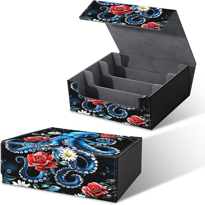 Large Card Deck Box for MTG, Fits 1200+ Sleeved Cards, PU Leather Storage Case with Strong Magnetic Closure, Multiple Colors Available for TCG CCG Baseball Card Collections, Rose Octopus