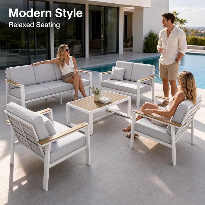 Modern All Weather Aluminum Patio Conversation Set,5 Pieces Oversized Metal Sectional Sofa Couch with Cushions and Coffee Table,Outdoor Furniture for Backyard,Porch,Garden, Balcony,Deck White