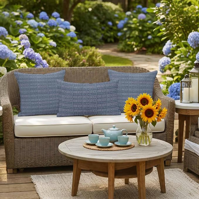 Outdoor Waterproof Throw Pillow Covers Set of 2 Stripes Grain Pillowcases 26x26 Inches Navy Blue Solid Color Decorative Pillows Cushion Case Patio Pillows for Couch Bed Chair Garden