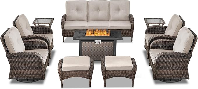 Belord Expansive 10 Pieces Outdoor Patio Furniture Set with 43” Propane Fire Pit Table, Patio Conversation Set with Swivel Rocker Outdoor Chairs Set of 4 and Sofa, Ottoman and Wicker Side Table Brown