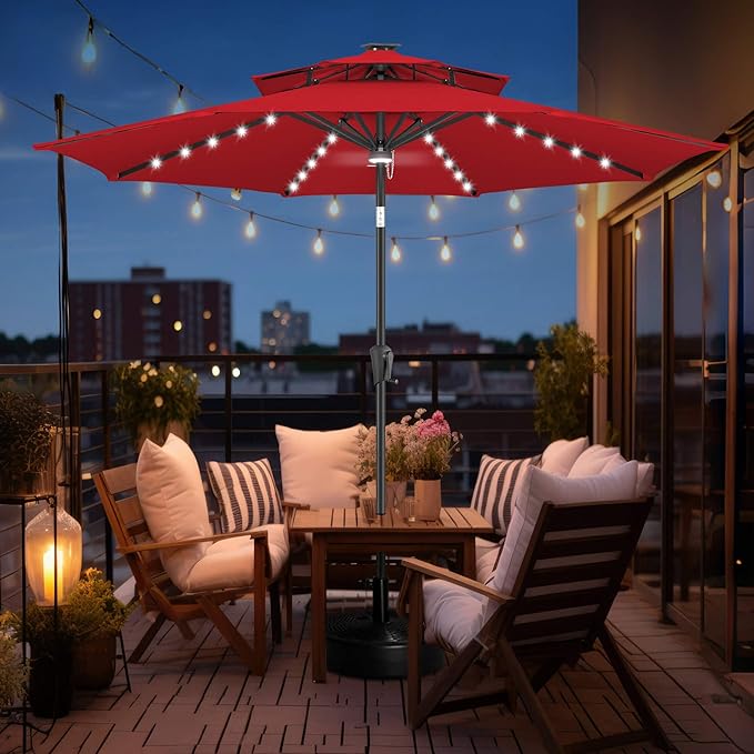 FLAME&SHADE 2 Tiers 9ft Solar Light Patio Umbrella, 40 LED lights outdoor umbrella with Centre Surround Light, Table Market Umbrella for Deck, Pool, Porch, Backyard, Garden (Red)