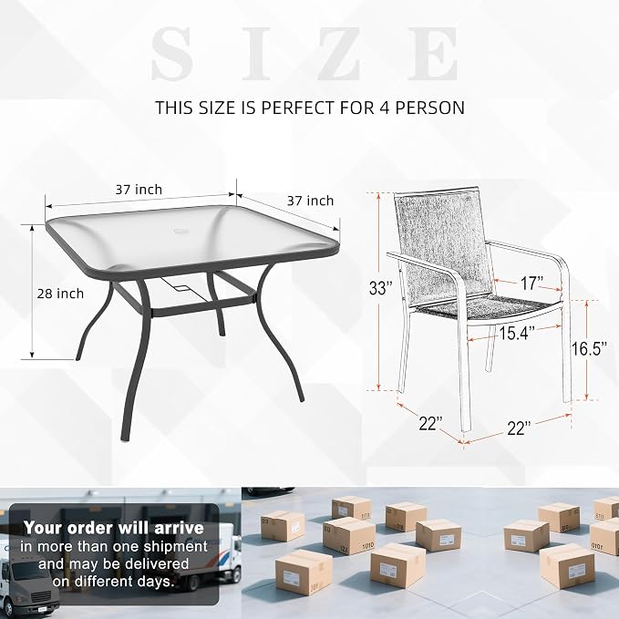 5 Piece Outdoor Patio 37" Square Glass Table and Grey Stackable Chairs Set | 4 Piece Stackable Chairs Textilene Seat and Back, Table & Chair with Metal Frame, Square Glass Table Top, 1.7" Umbrella Hole