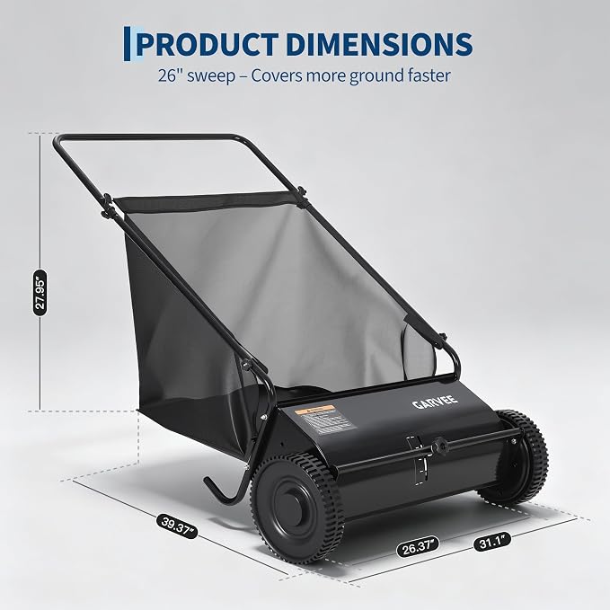 Garvee 26 Inch Push Lawn Sweeper, Walk Behind Leaf Grass Collector with 7 Cu ft Hopper Bag, Carbon Steel Frame, Yard Sweeper with Adjustable Brush Height for Garden Patio Driveway Leaves Cleanup