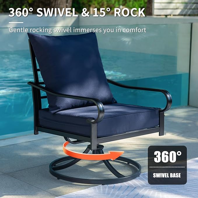 7 Piece Patio Furniture Set, Metal Patio Conversation Set with 1x3 Seater Sofa & 2xFixed Chairs & 2xSwivel Chairs & 2xOttomans, 5.75'' Extra Thick Cushion for Lawn Garden Backyard, Navy Blue