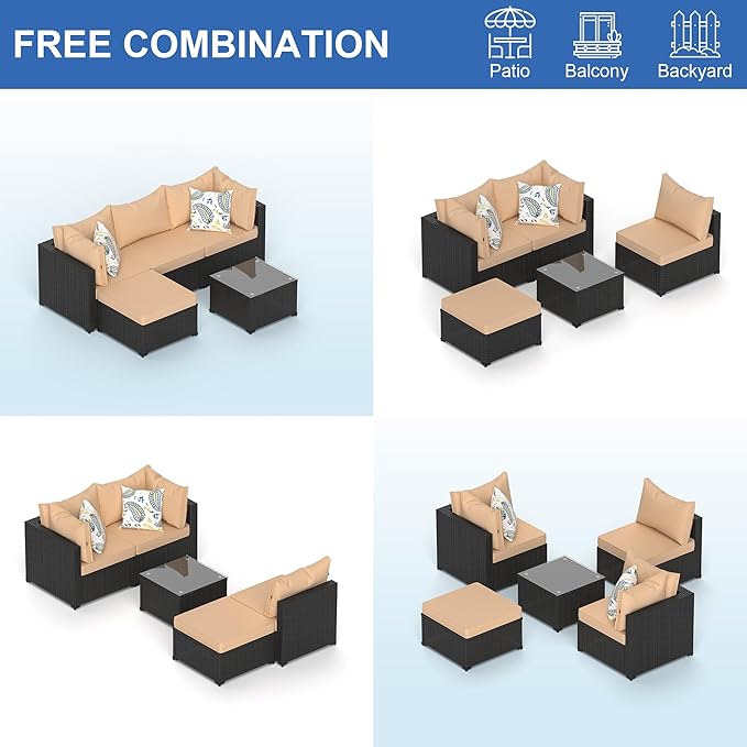 Patio Furniture Set, 5PCS Outdoor Sectional with Ottoman Wicker Rattan Patio Couch with Thickened Cushion Modular Wicker Patio Conversation Set with Glass Top Table for Balcony, Backyard(Khaki)