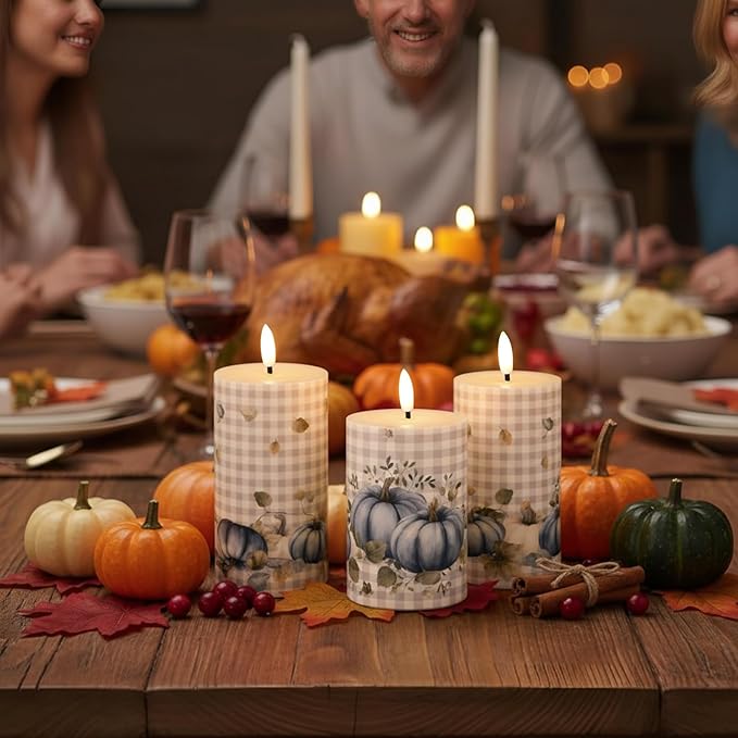 Tuanse 3 Pcs Thanksgiving Fall Flameless Candles Maple Leaf LED Candle Lights Battery Operated Candles Mixed Size Flickering LED Light for Fall Thanksgiving Halloween Harvest(Pumpkin)