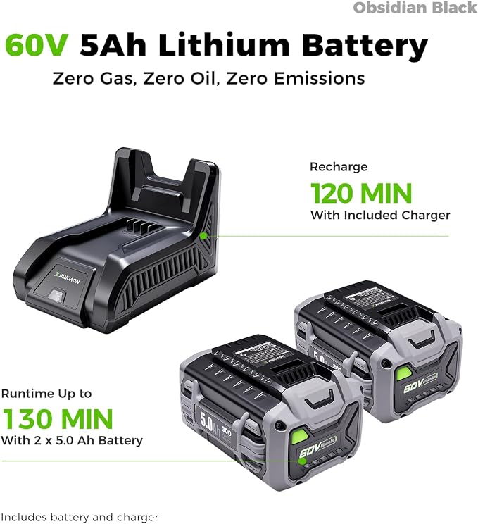 NovorikX 60V Cordless Lawn Mower with 2X5.0Ah Battries, 21" Self Propelled Electric Lawn Mower, Brushless Motor, LED Headlight 3 in 1 Mulching Bagging Side Discharge Obsidian Black