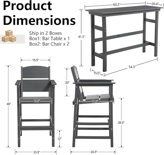 3 Piece Outdoor Bar Height Table and Chairs Set, HDPE Outdoor High Top Table and Chairs with Aluminum Reinforced Tabletop, All Weather Bar Height Patio Set for Deck/Balcony/Backyard, Grey