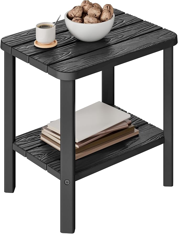 NUNU LAB 16" Outdoor Side Table, 2-Tier Wood-Like Grain End Table with Load Capacity, Waterproof All-Weather Square Storage Table for Patio, Pool, HDPE Adirondack Chair & Indoor Use