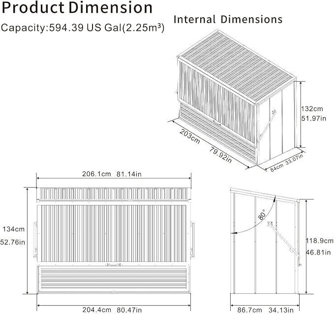 Outdoor Storage Box 594 Gal Galvanized Steel Deck Cabinet, Charcoal Grey