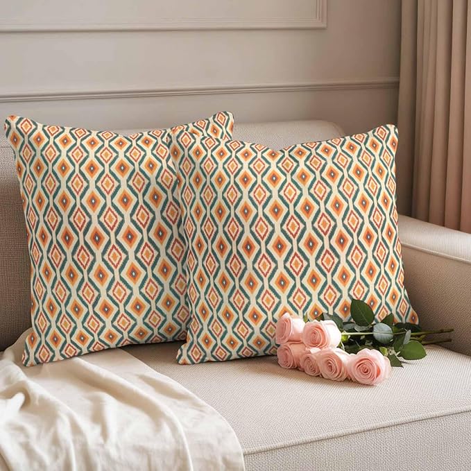 Throw Pillow Covers 24x24 Inch Set of 2, Orange Teal Geometric Waterproof Outdoor Pillow Covers, Southwest Ethnic Country Decorative Cushion Pillowcases for Couch, Sofa, Bed, Garden, Patio