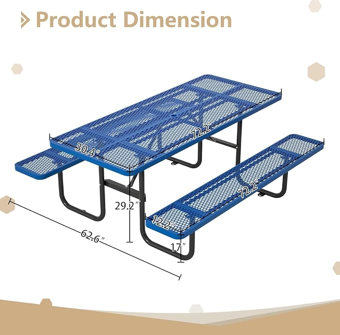 Coated Steel Heavy Duty Picnic Table for Outdoors 2200 lbs Load, Rectangular Camping Table with 1.78" Umbrella Hole, Commercial Picnic Table with Benches, Blue
