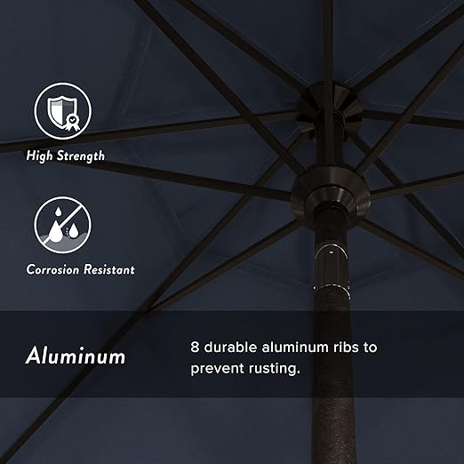 California Umbrella 9' Round Aluminum Patio Umbrella, Crank Lift, Push Button Tilt, Bronze Pole, Outdoor Rated Acrylic fabric, Sapphire