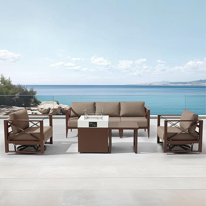 MBY 7-Piece Aluminum Patio Furniture Set with Fire Pit Table, Swivel Rocking Chairs & Oversized Sofa, All-Weather Outdoor Conversation Set for Backyard, Deck, Balcony – Brown