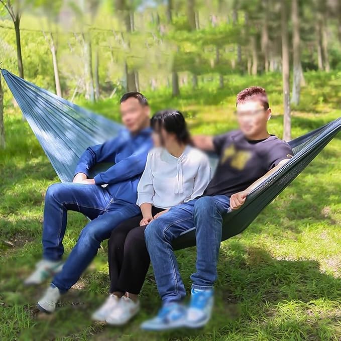 Summer Breathable Ice Silk Hammock, Outdoor Portable Double Hanging Bed, Park Leisure Swing with Straps, Load Bearing 300kg/661.4lbs(Blue-Grey)