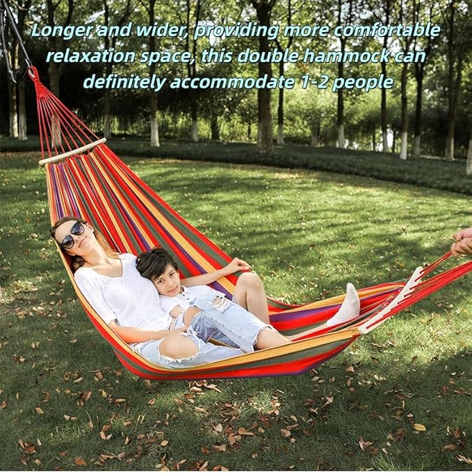 Rainbow Striped Double Hammock, Extra Large Cotton Canvas Outdoor Hammock for 1–2 People, Heavy Duty with Reinforced Hooks, Portable for Backyard, Garden, Camping, Indoor Outdoor Use (17.3 * 8.7)
