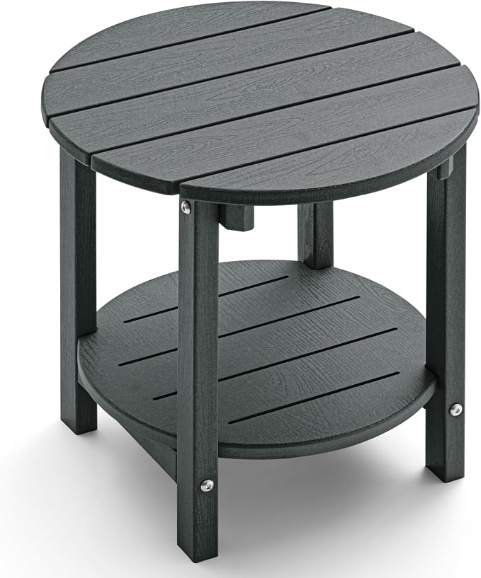 Outdoor Side Table, Adirondack Round 2-Tier Patio Table, Easy Maintenance & Weather Resistant, HDPE End Table for Backyard, Pool, Patio, Porch, Gray