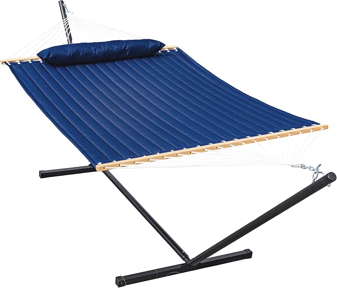 Lazy Daze Quilted Fabric Hammock with 12-Foot Stand, Double 2-Person Hammock with Pillow for Outdoor Outside Patio, Garden, Backyard, 450LB Capacity, Navy Blue