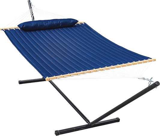 Lazy Daze Quilted Fabric Hammock with 12-Foot Stand, Double 2-Person Hammock with Pillow for Outdoor Outside Patio, Garden, Backyard, 450LB Capacity, Navy Blue