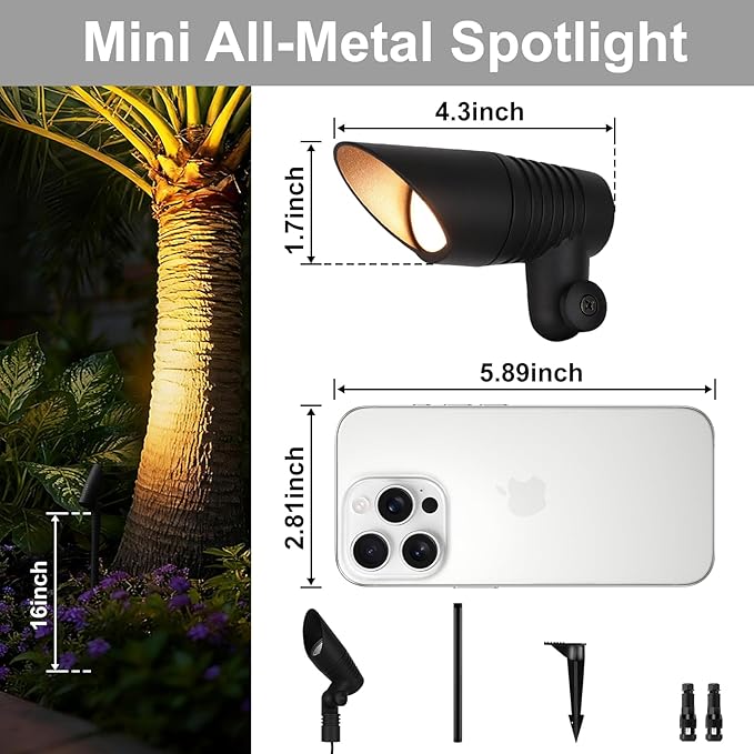 Mini Landscape Spotlights Low Voltage, 16'' Tall Pole, 5CCT 5W 12V LED Landscape Spot Lights Wired for Outdoor House Yard Palm Tree Flag Pathway Path Sidewalk, 60° Beam Angle, Black, 1PK