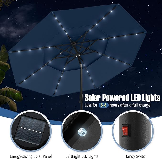 Tangkula 10 FT Solar LED Patio Umbrella, 3-Tier Vented Outdoor Market Table Umbrella with 32 LED Lights, Tilt Adjustment, Crank Handle, 8 Ribs for Backyard Pool Deck (Navy)
