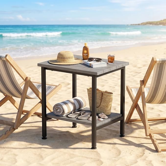 Outdoor Side Table Patio Table Small with Storage, Grey | 2-Tier Outdoor End Table, Weather Resistant, Easy Maintenance, for Patio, Pool, Beach, Porch, Deck, Indoor or Outdoor