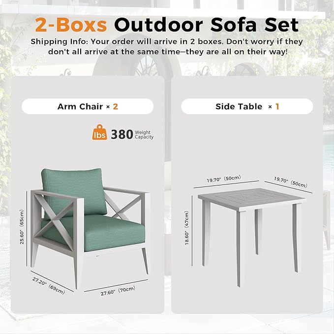 Aluminum Patio Furniture Set, 3 Pieces Conversation Set with 5.2 Inch Cushions and Coffee Table, Outdoor Patio Sectional Sofa for Garden (White)