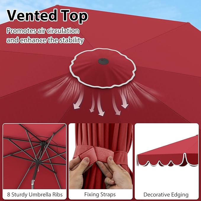 HAPPYGRILL 10 FT Patio Umbrella, Market Table Umbrella w/Crank, Push Button Tilt, Ruffled Edges, Vented Top & 8 Ribs, Outdoor Sun Shade for Poolside Backyard Beach