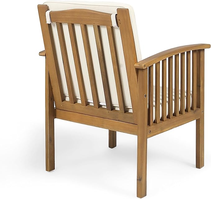Christopher Knight Home Kiin 3 Pieces Outdoor Patio Furniture Set, Acacia Wood Patio Conversation Set, Side Table and Club Chairs with Cushion for Garden Backyard Balcony, Brown + Cream + Light Teak
