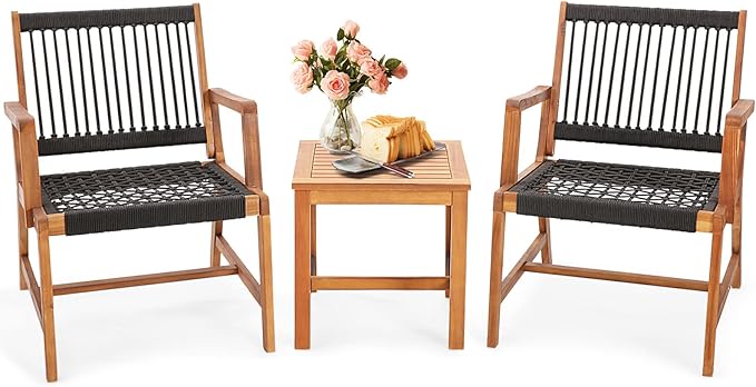 Tangkula 3 Pieces Acacia Wood Outdoor Furniture Set, All-Weather Rope Woven Bistro Set with Armchairs and Coffee Table, Patio Conversation Set for Front Porch, Deck, Balcony
