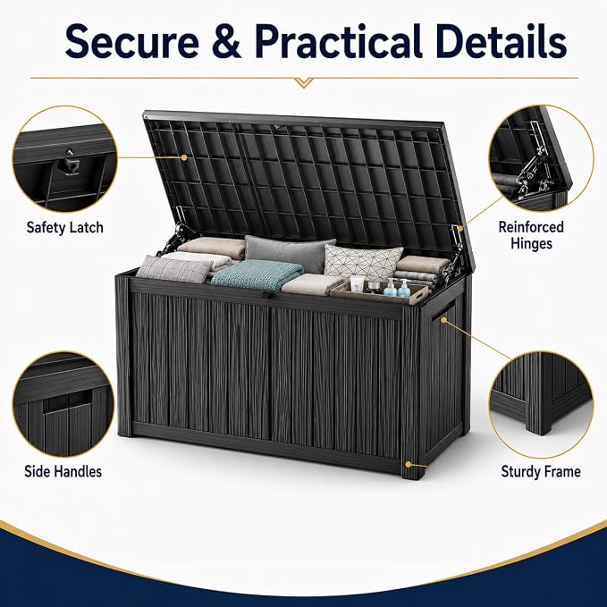 Outdoor Deck Patio Storage Box - 200 Gallon Large Outdoor Deck Box, Plastic Storage Bin with Lid, Outside Toy Box & Pool Storage Container for Cushions, Garden Tools, Towel, Black