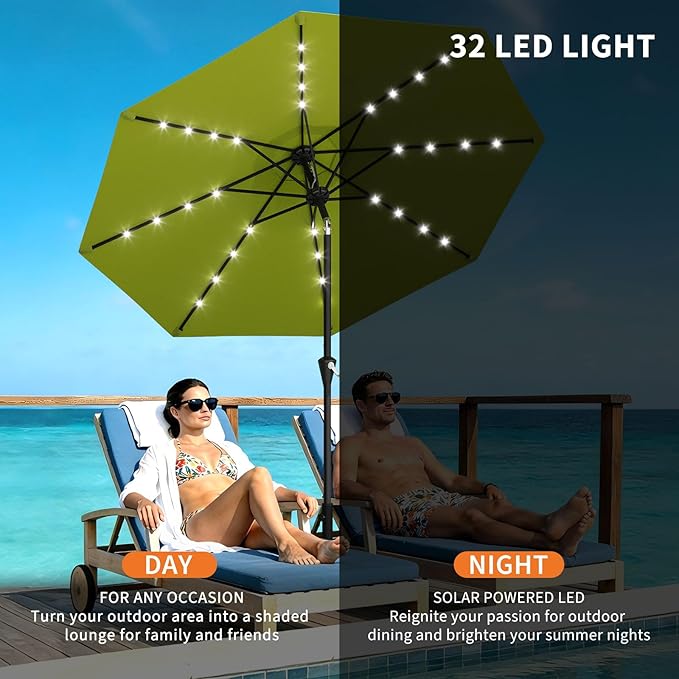Garvee 10FT Solar Patio Umbrella with 32 LED Lights - Outdoor Table Umbrella with Crank Lift, Push Button Tilt and 8 Sturdy Ribs - Market Umbrella UV Protection for Pool, Deck, Yard, Garden