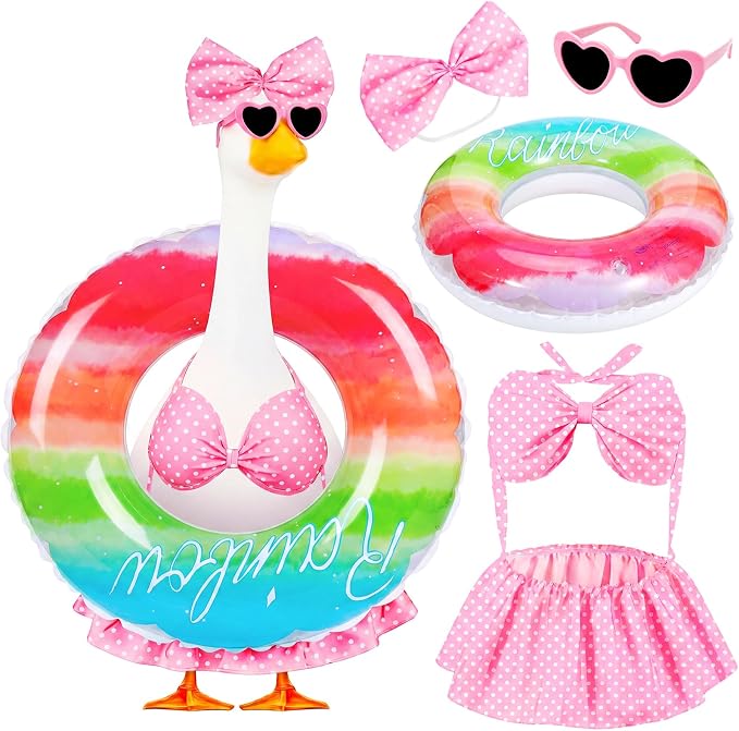 23 in Porch Goose Summer Outfit Bikini, Hawaiian Porch Goose Swimsuit Clothes Costume Accessories with Bow Glasses Swim Ring for 23" Summer Goose Garden Patio Statue Decor (Pink)