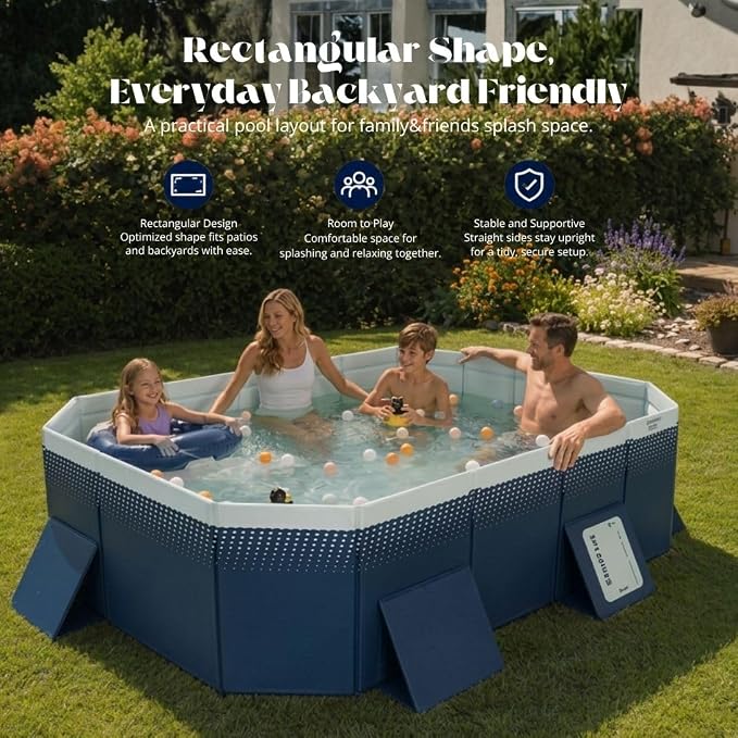 Large Foldable Pool, Non Inflatable Pool with 4-Layer Composite PVC, Sturdy Triangular Support Boards, Double Drains, Foldable Outdoor Pool for Backyard Kids & Adults, 5 Sizes