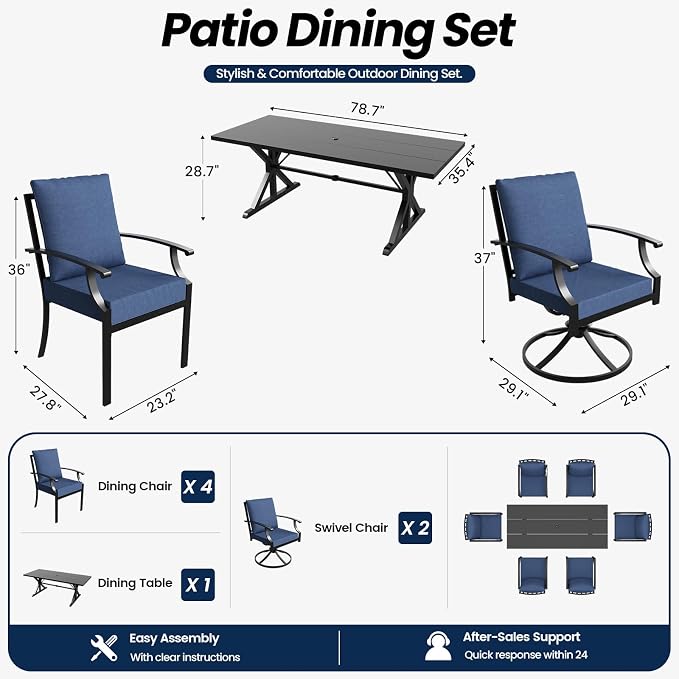 7 Piece Outdoor Dining Set for 6, Metal Patio Table and Chairs with Cushions, Patio Furniture Set with 2 Swivel Chairs, Rectangular Metal Dining Table with Umbrella Hole, Lawn Deck Yard-Navy
