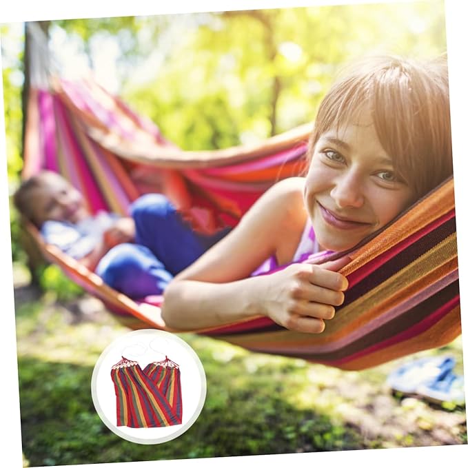 Toyvian Single Person Rainbow Striped Hammock Cotton Canvas Travel Camping Swing Outdoor Leisure Swing Anti-tip Red Suitable for Adults
