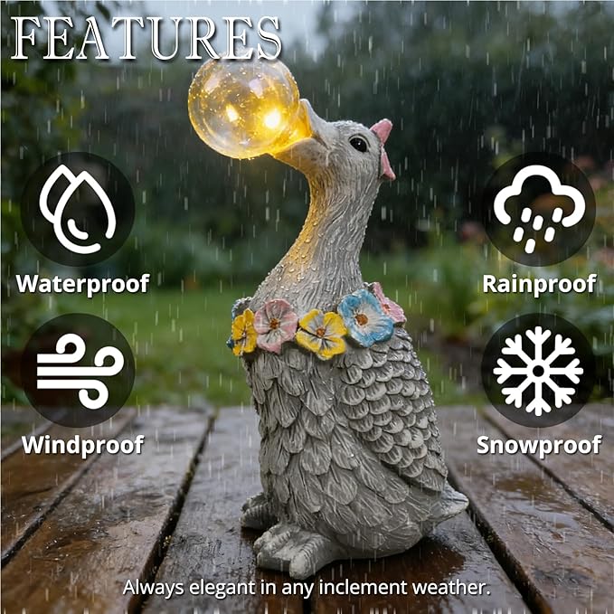 Porch Goose Statue with Solar Bubble Light Garden Gray Figurine Decor for Yard Lawn Patio Outdoor Decorations Housewarming Gifts for Mom Grandma Women