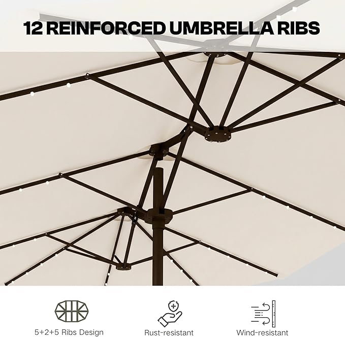 15ft Large Patio Umbrella with Solar Lights and Base, Double-Sided Outdoor Rectangle Umbrella with 48 LED Lights, Market Table Umbrellas with UV Resistant Canopy