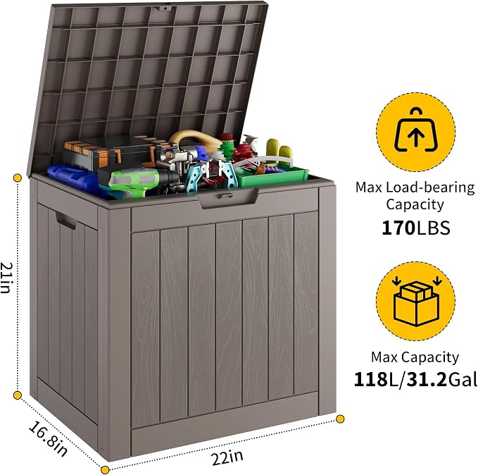 31 Gallon Outdoor Storage Box, Waterproof Resin Deck Box with Lockable Lid – Storage Cabinet for Patio Furniture, Pool Supplies, Garden Tools – Indoor & Outdoor Use(2Box/Set)