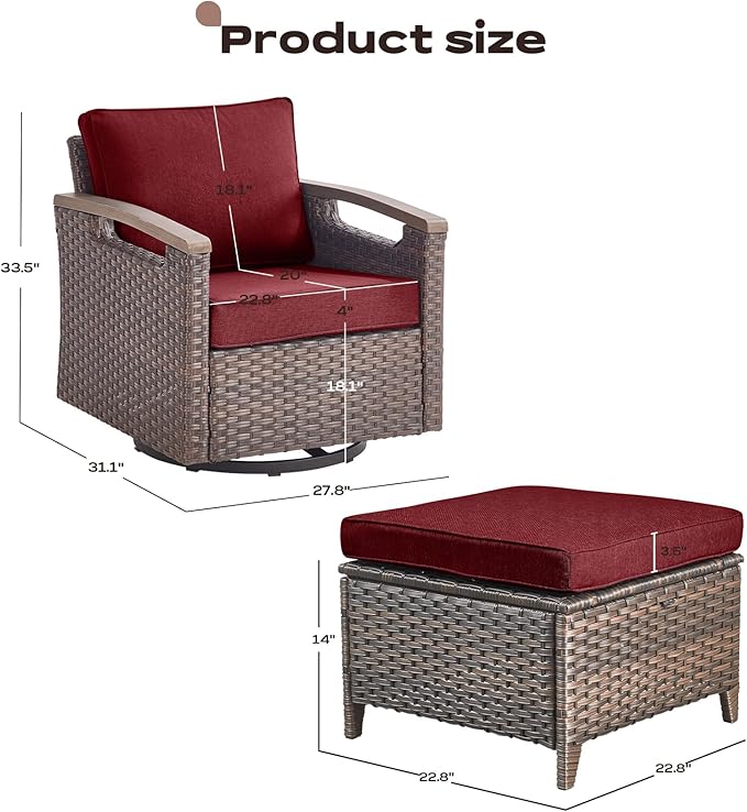 Rilyson Wicker Outdoor Patio Furniture Set - 4 Piece Patio Conversation Set with Swivel Rocker Chairs and Ottomans, Thick Cushions, High Back, Deep Seating, for Porch Deck Garden Brown/Red